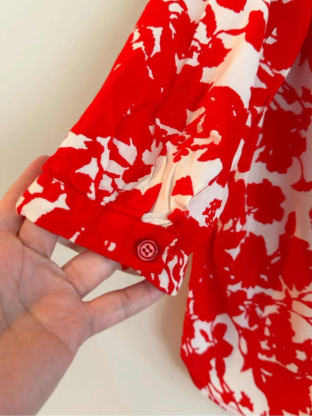 Anne Carson White Blouse with Bold Red Floral Print